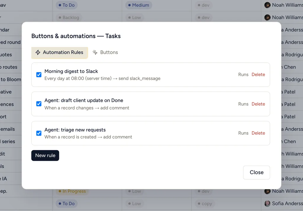 The StoryOS automations panel with agent trigger rules on a Tasks database