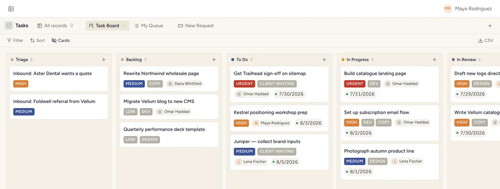 A StoryOS board the agent moves work across