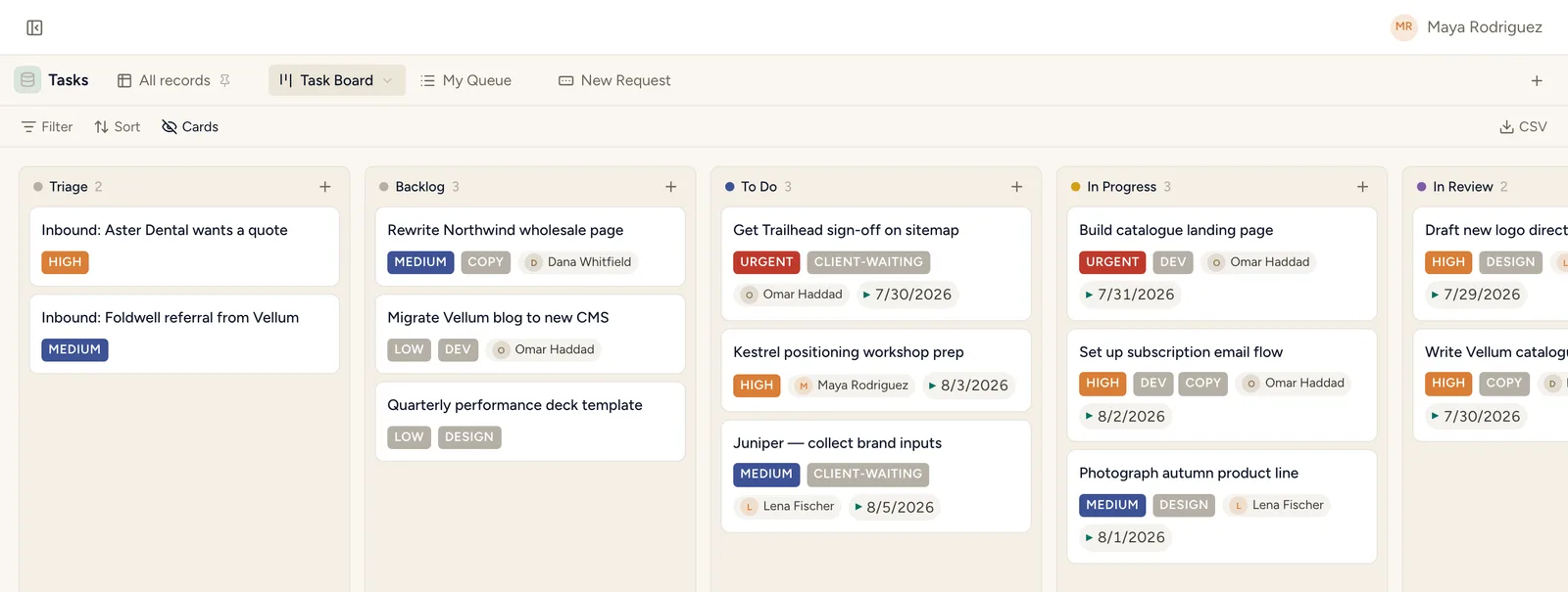 A StoryOS board from the Client Projects & Tasks template with tasks moving across states