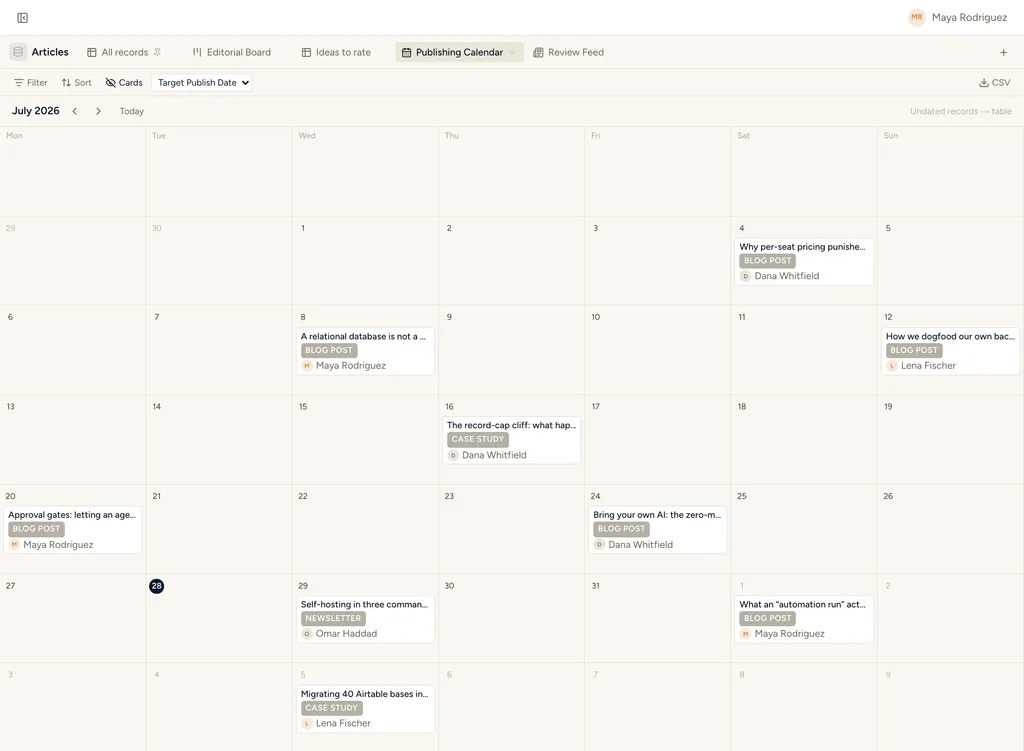 A StoryOS content calendar with posts laid out by publish date