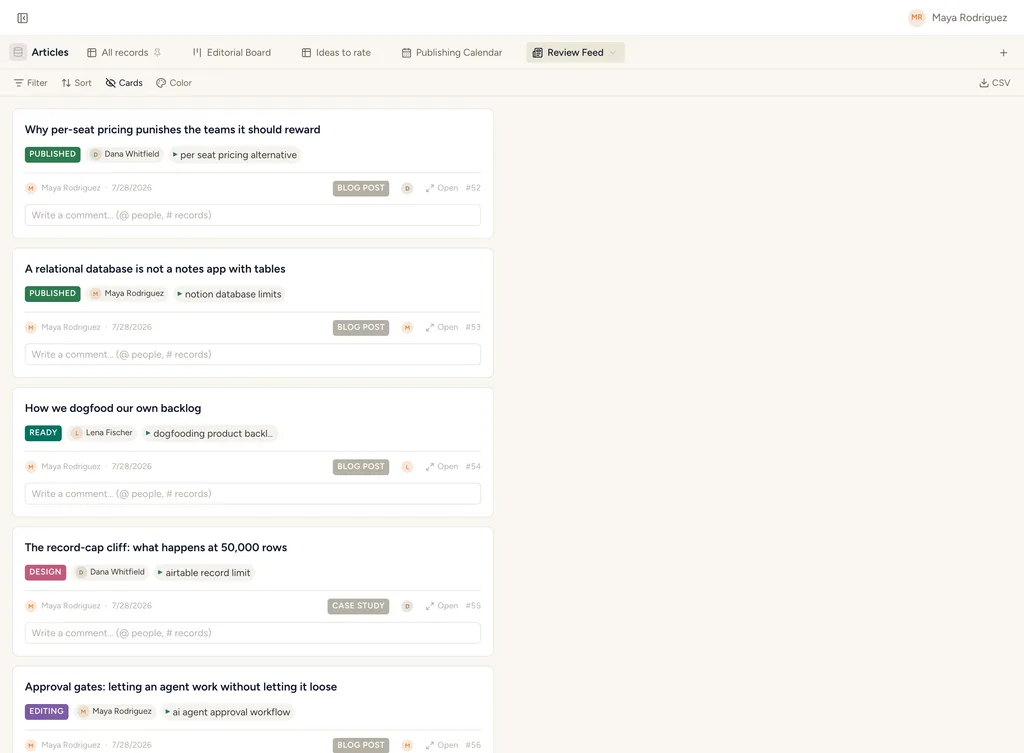 StoryOS feed view: social posts as a scrollable stream of large cards