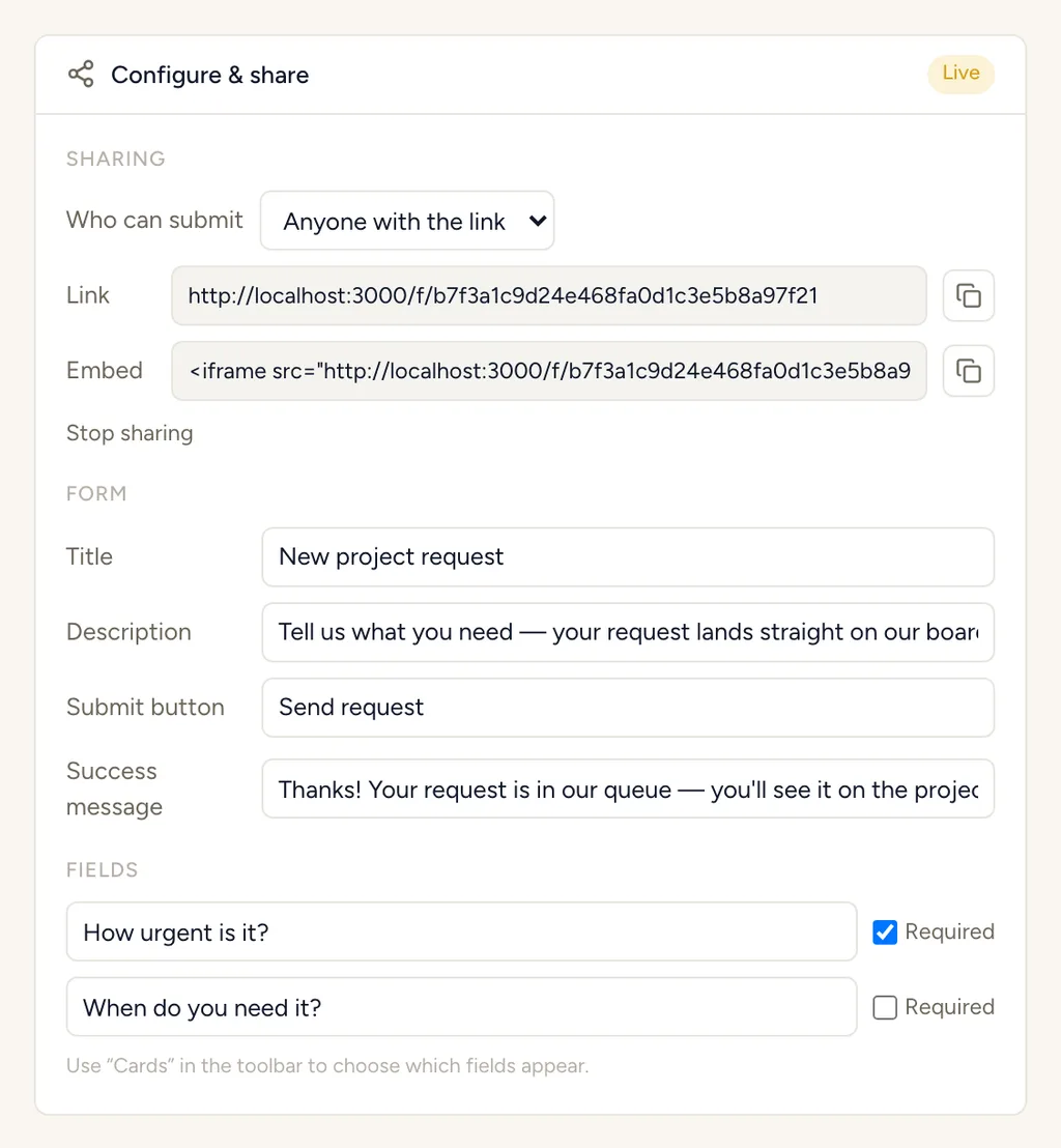 The StoryOS form builder with a public share link, embed snippet and per-field settings
