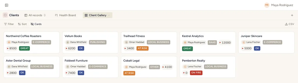 StoryOS gallery view: client records as rich cards