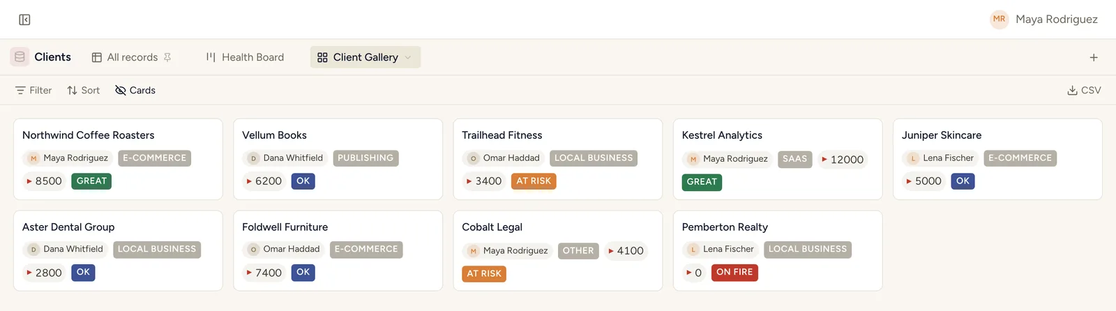 A StoryOS gallery view of client records as rich cards