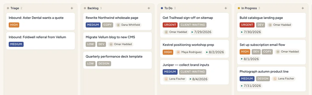 A StoryOS task board with priority chips, labels, assignee avatars and due dates