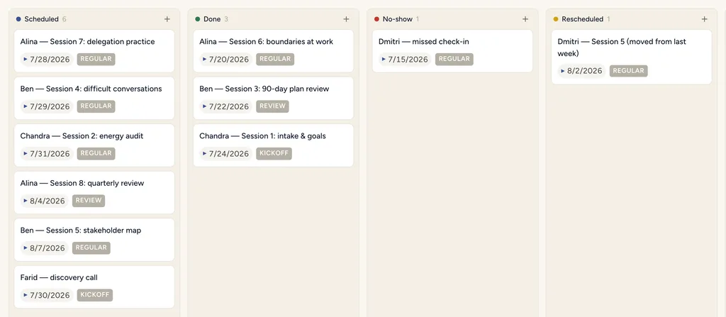 A StoryOS session board showing coaching sessions by status with dates, session types and the client each belongs to
