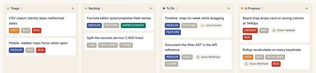 A StoryOS issue board with bug and feature chips, priority levels, labels and assignee avatars