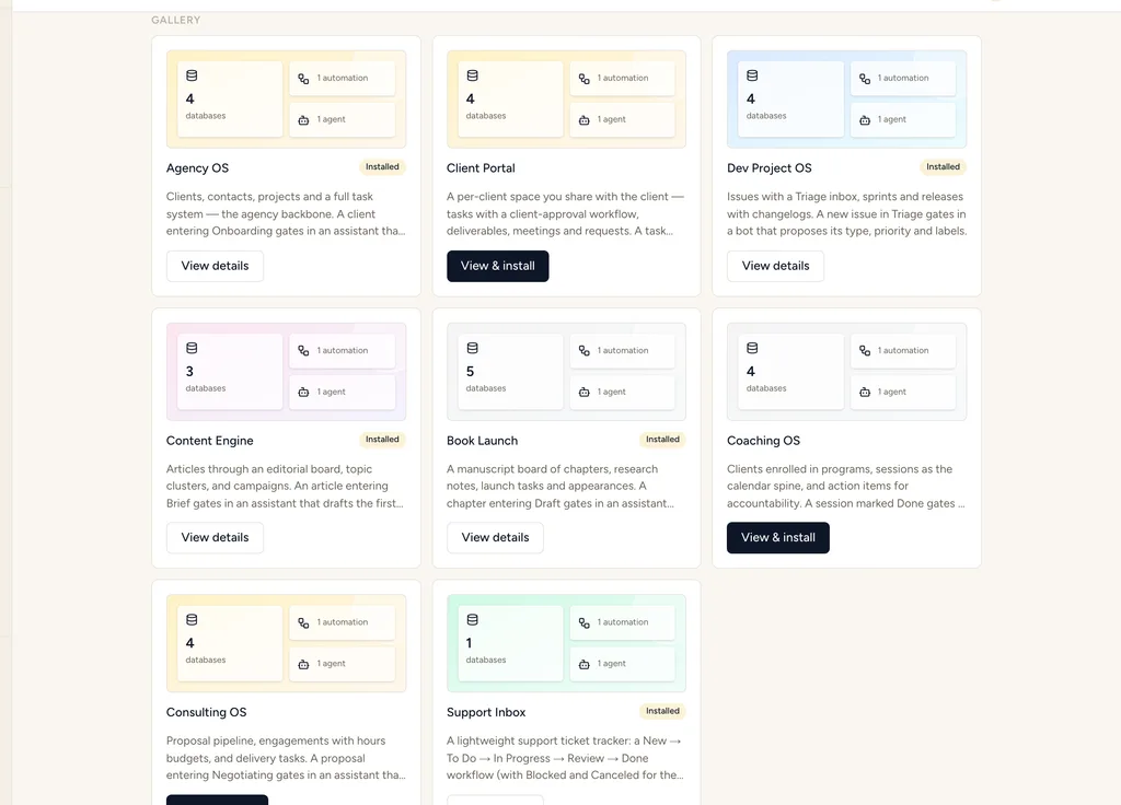The Business Packs gallery inside StoryOS, showing eight packs with their database, automation and agent counts