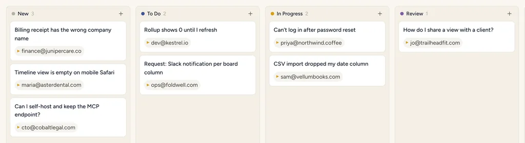 A StoryOS support ticket board grouped by status, each card showing the requester’s email