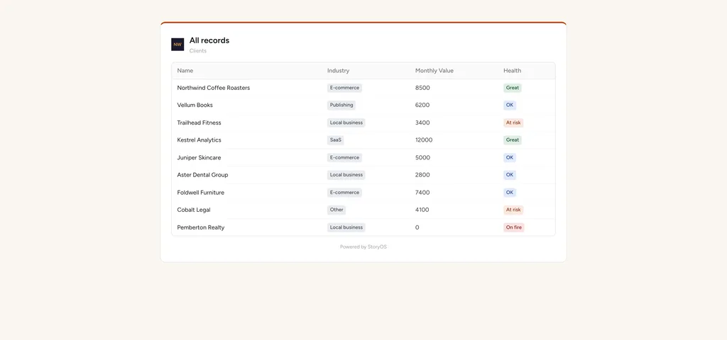 A published StoryOS view with a custom logo and accent colour, no default StoryOS branding