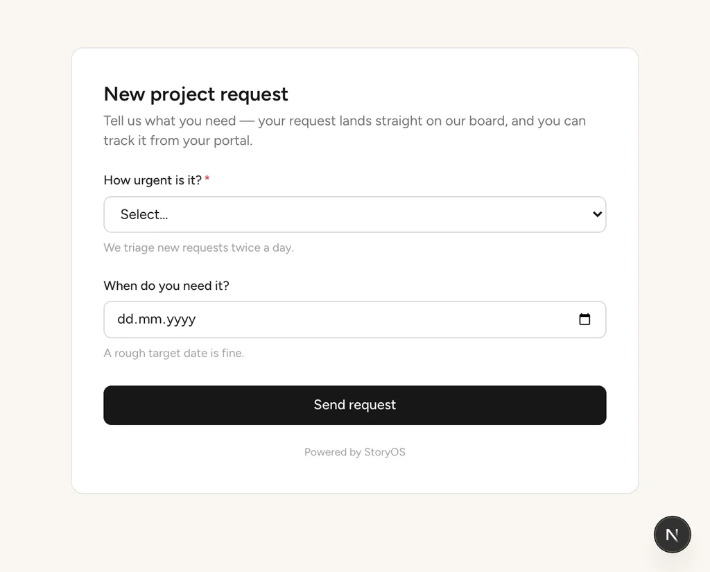 A public StoryOS intake form a client can submit without signing in
