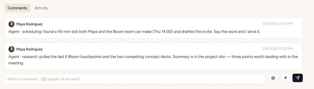 A record comment thread where an agent posted research and scheduling results