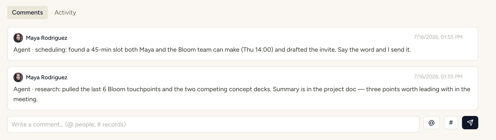 A StoryOS record where an agent has posted research and scheduling results as comments
