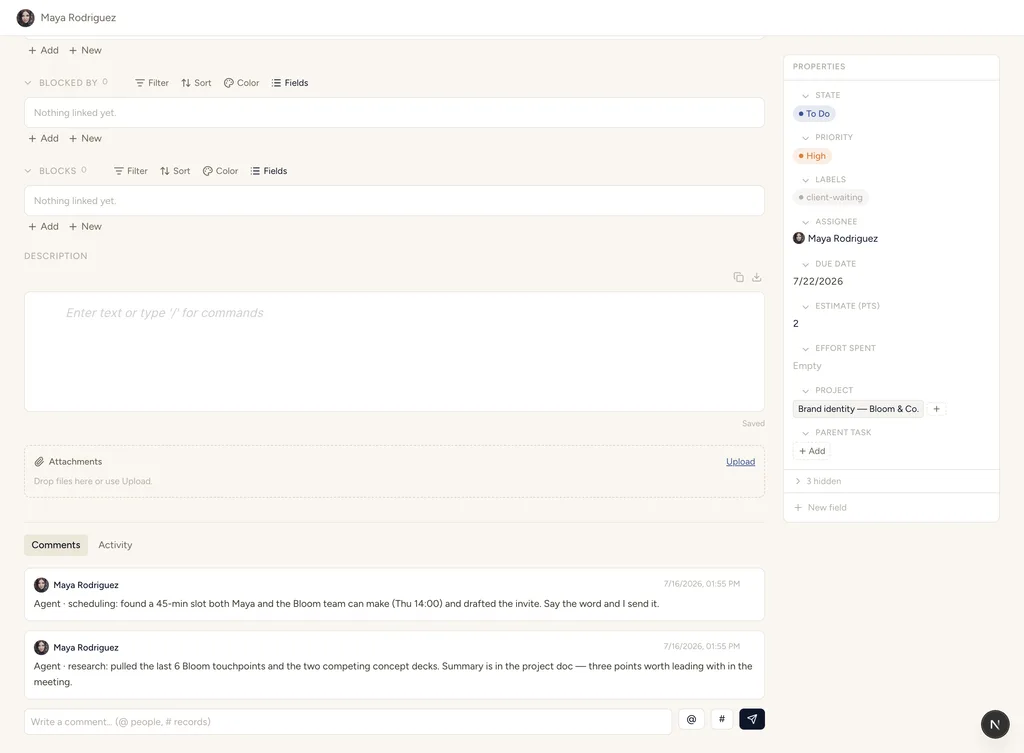 A StoryOS task record where an agent has posted research and scheduling results as comments