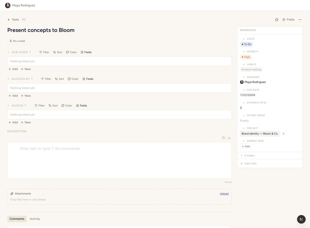 A StoryOS record with relation sections, typed properties and a project link