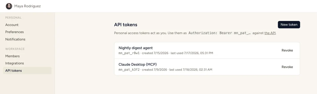 The StoryOS settings page for creating personal access tokens