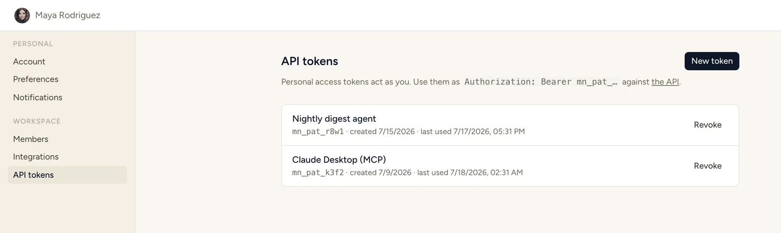 The StoryOS API tokens settings page where you create a personal access token