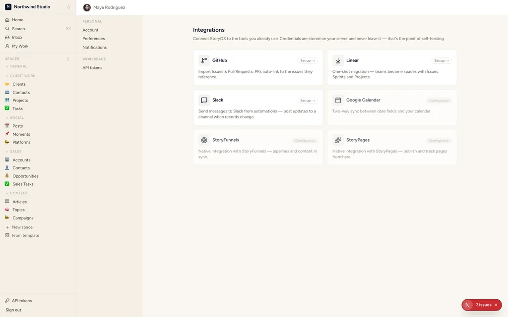 The integrations settings page inside StoryOS, listing available integrations and their connection state