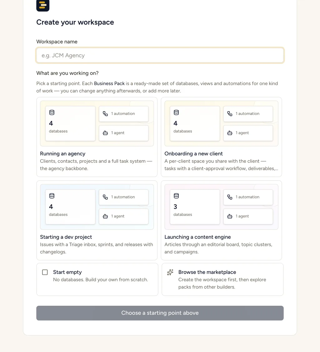 The StoryOS template gallery during workspace creation