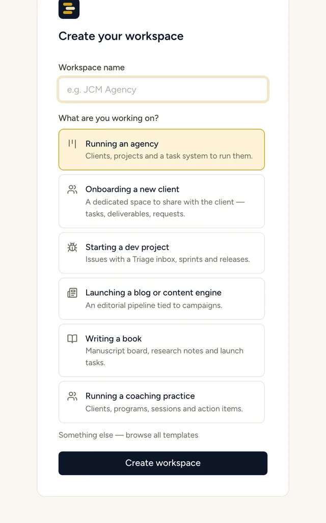 The StoryOS template gallery during workspace creation