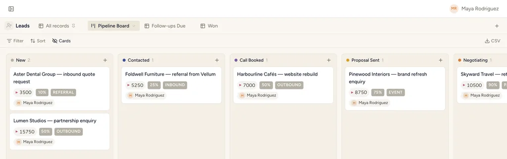 The Agency CRM template in StoryOS — its Pipeline Board view with real records