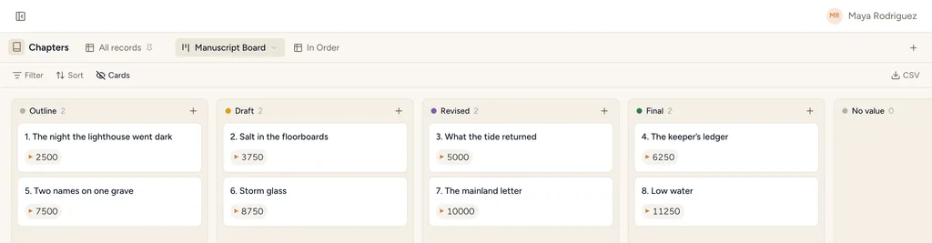 The Author Studio template in StoryOS — its Manuscript Board view with real records