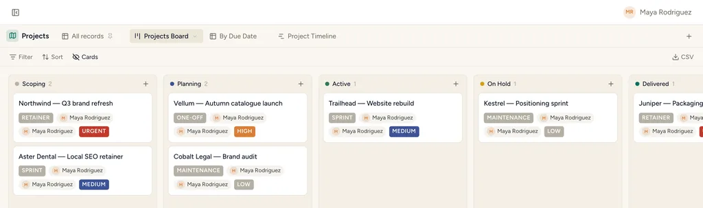 The Client Projects & Tasks template in StoryOS — its Active Clients view with real records