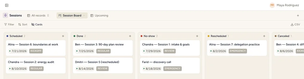 The Coaching Practice template in StoryOS — its Client Board view with real records