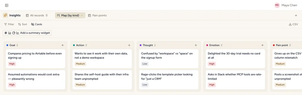 The Customer Journey Map template in StoryOS — its Map (by kind) view with real records