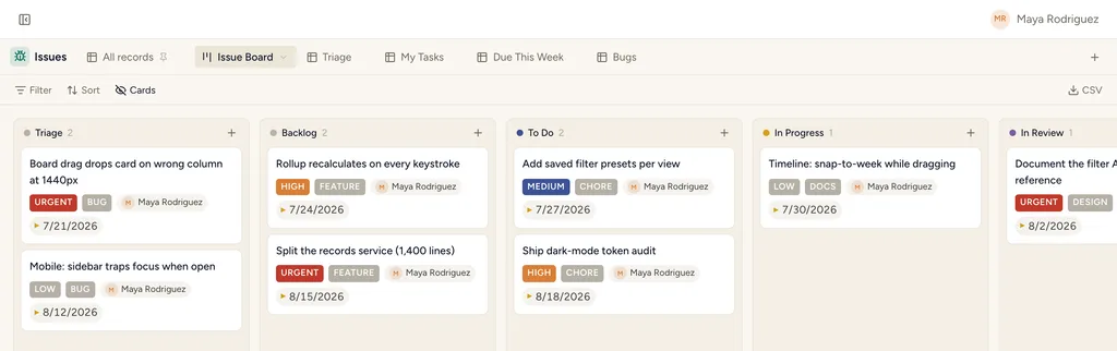 The Dev Project template in StoryOS — its Issue Board view with real records