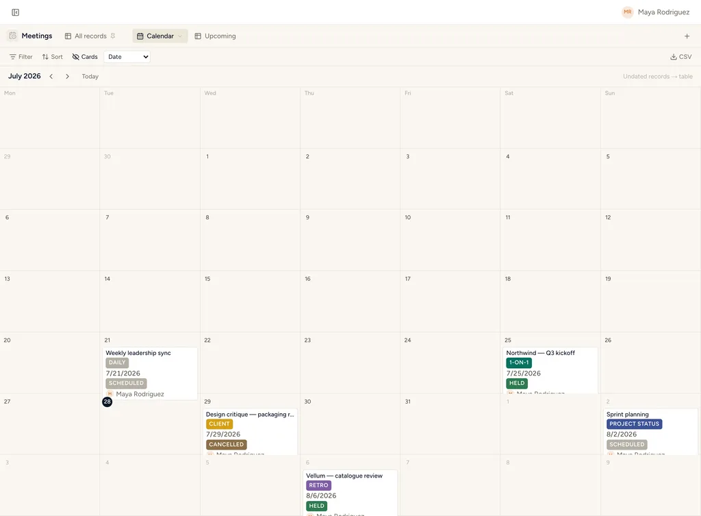 The Meetings & Action Items template in StoryOS — its Calendar view with real records