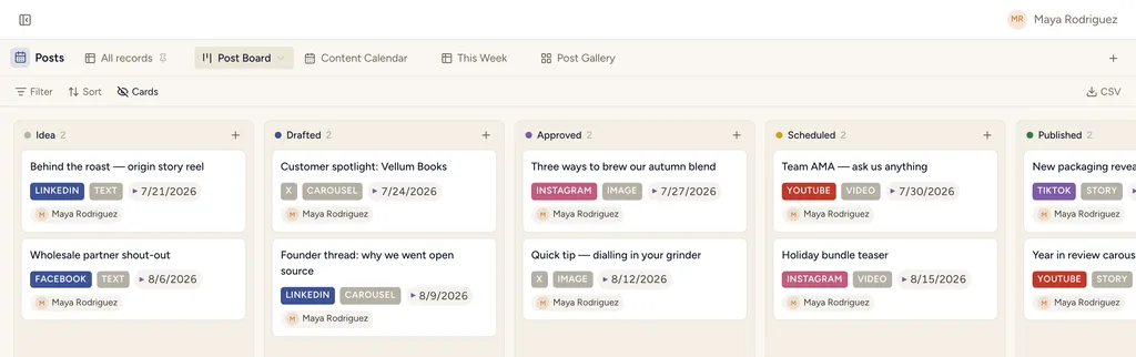 The Social Media Calendar template in StoryOS — its Post Board view with real records