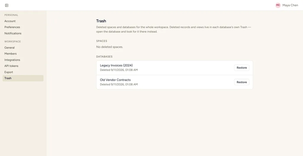 The StoryOS workspace Trash, listing two deleted databases each with a Restore button
